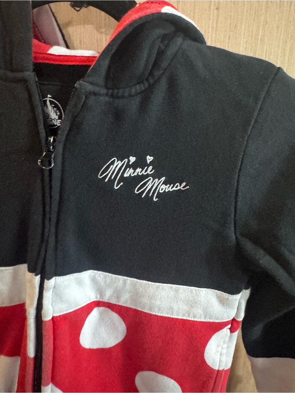 Disney Minnie Mouse Black & Red Polka Dot Hooded Zip Sweatshirt Size Small - Picture 2 of 4